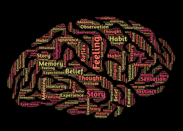 Wordcloud in the shape of a brain. Picture by John Hain from Pixabay