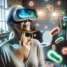 Woman with VR-glasses in a bathroom with hovering bacteria. AI-generated picture from DALL-E