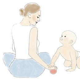 Mor och barn leker med boll. Illustration av Laila Dahlström Stolpe.